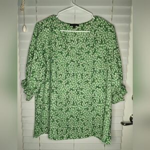 Wellworn Women's Blouse Size L Green Floral V-Neck Sleeve 3/4